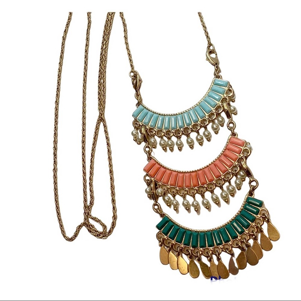 boho Gold tone long tiered colorful beaded necklace fun spring summer